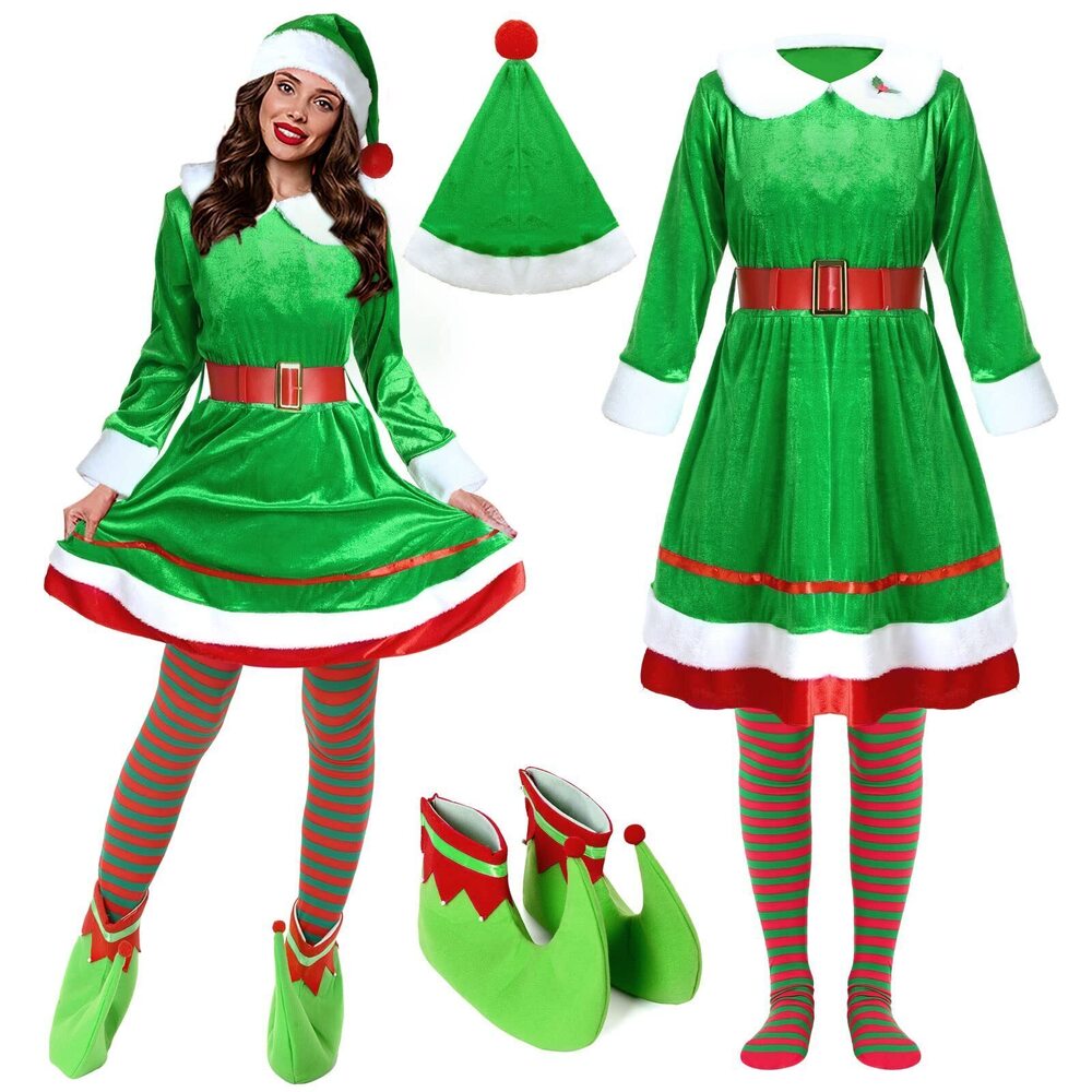 1241 6 Pcs Adult Elf Costume Velvet Christmas Elf Cosplay Dress Outfit